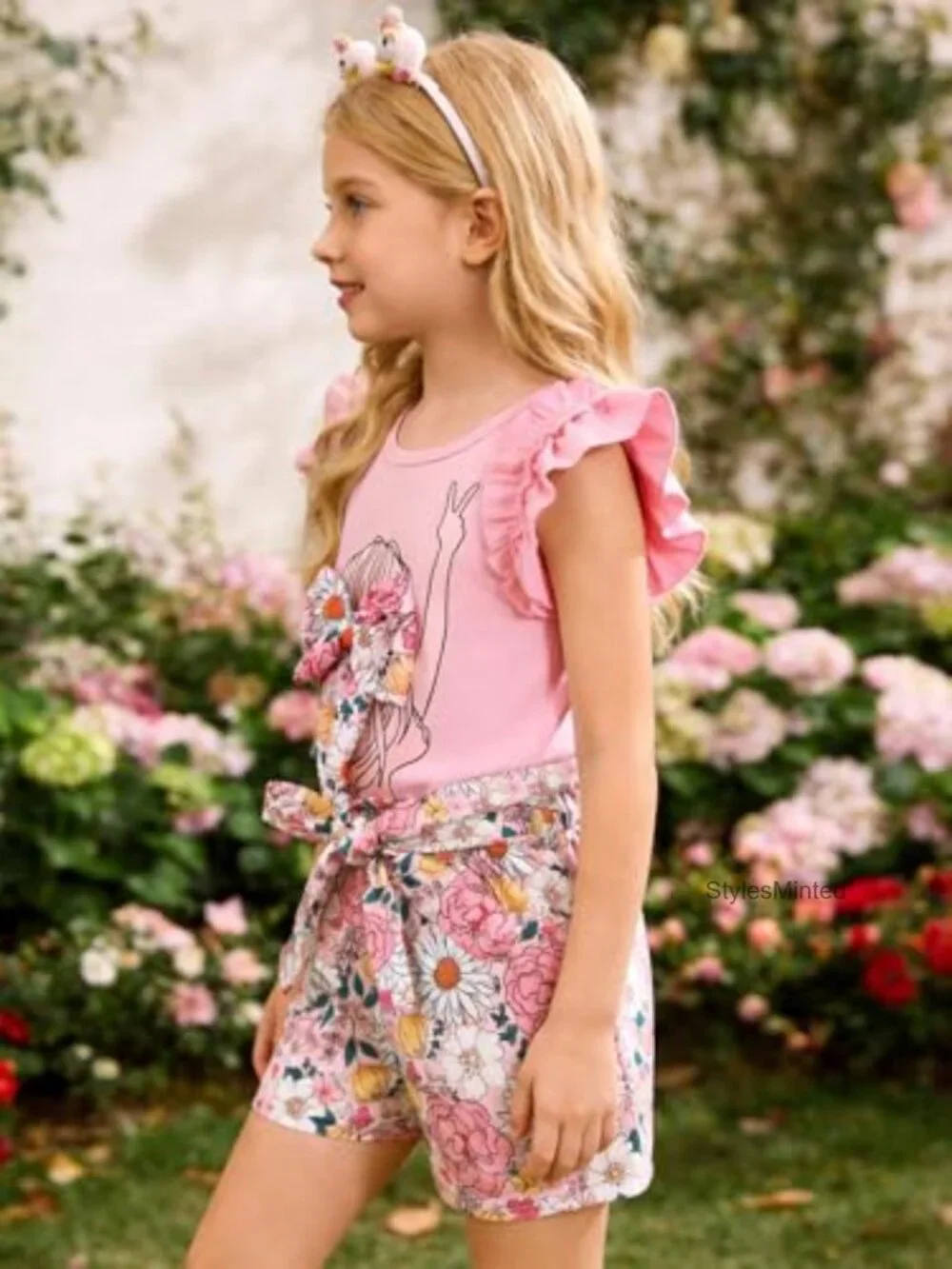 Girls 2 Piece Summer Outfit Ruffle Sleeve Top Paperbag Waist Shorts With Pockets